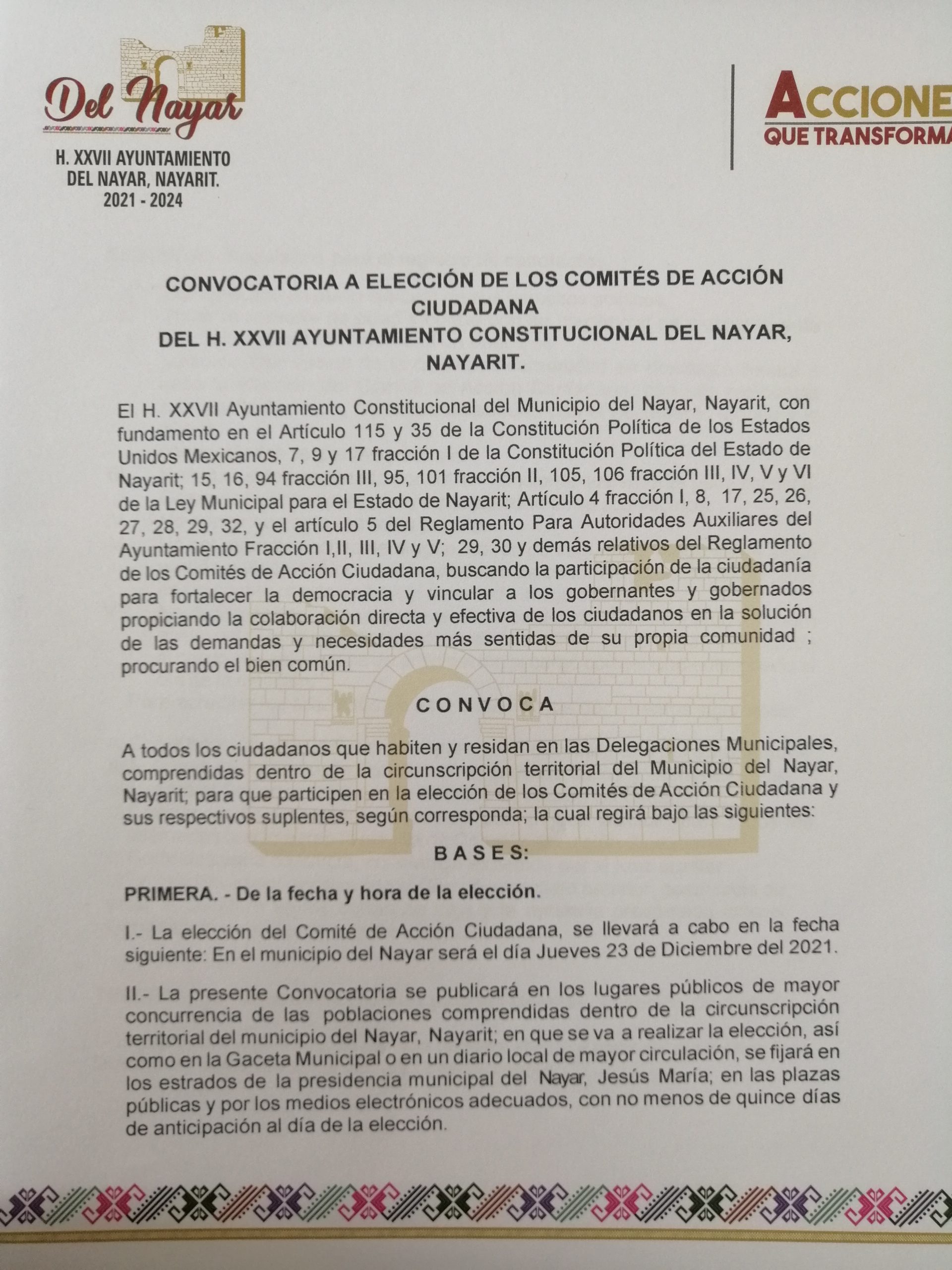 CONVOCATORIA ELECCION DE COMITES DE ACCION CIUDADANA DEL NAYAR